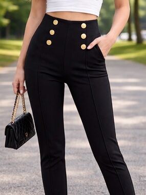 Zara High-Waist Black Button Front Pants with Gold Buttons, stretch material